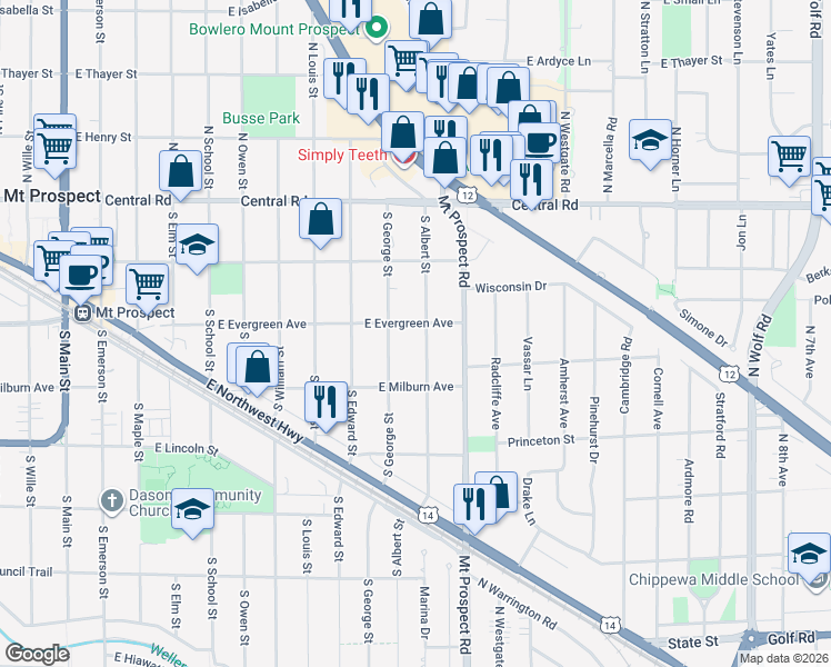 map of restaurants, bars, coffee shops, grocery stores, and more near 119 South Albert Street in Mount Prospect