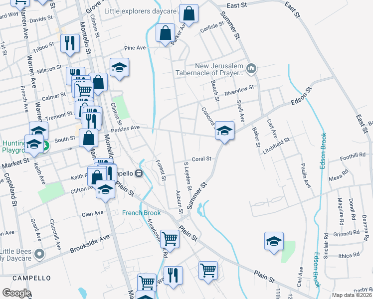 map of restaurants, bars, coffee shops, grocery stores, and more near 82 South Leyden Street in Brockton