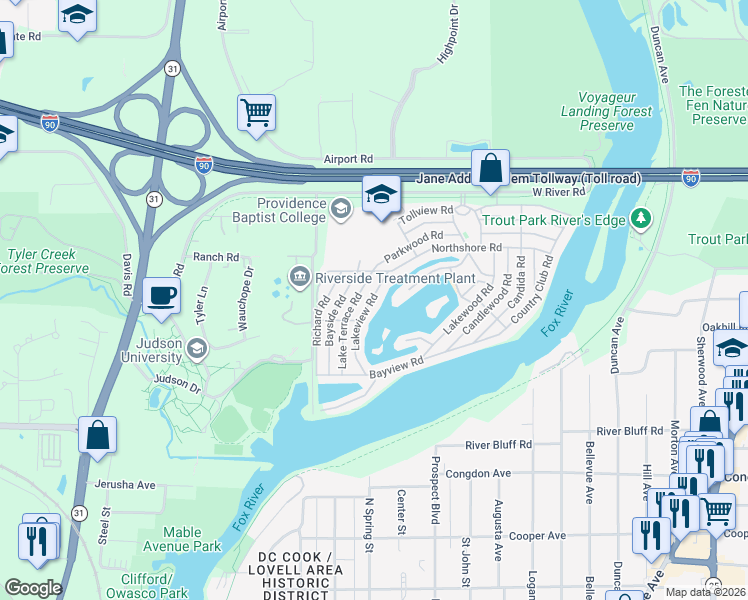 map of restaurants, bars, coffee shops, grocery stores, and more near 1153 Richard Road in Elgin