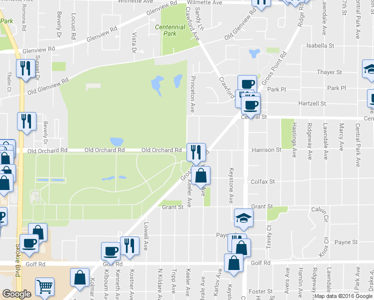 map of restaurants, bars, coffee shops, grocery stores, and more near Old Orchard Rd & Greeley Ave in Skokie