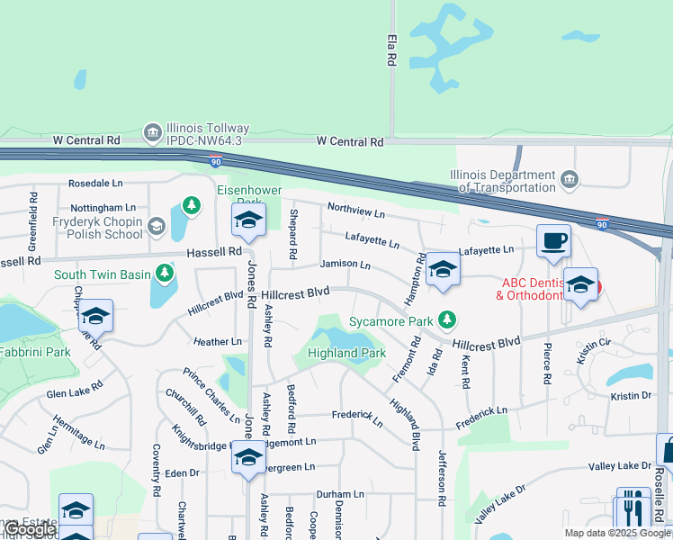map of restaurants, bars, coffee shops, grocery stores, and more near 620 Jamison Lane in Hoffman Estates