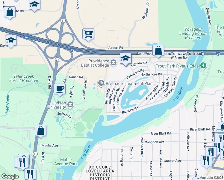 map of restaurants, bars, coffee shops, grocery stores, and more near 1136 Bayside Road in Elgin