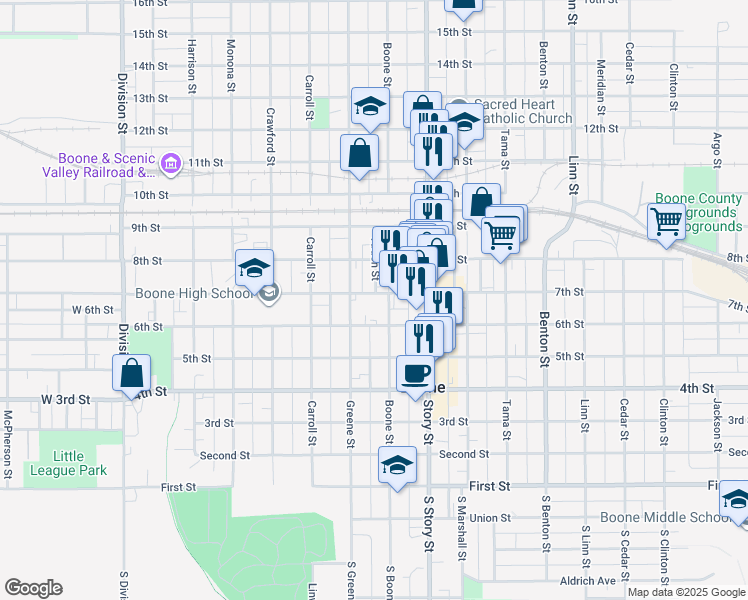 map of restaurants, bars, coffee shops, grocery stores, and more near 724 7th Street in Boone