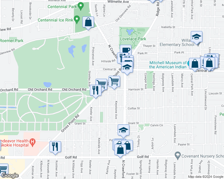map of restaurants, bars, coffee shops, grocery stores, and more near 3453 Harrison Street in Evanston