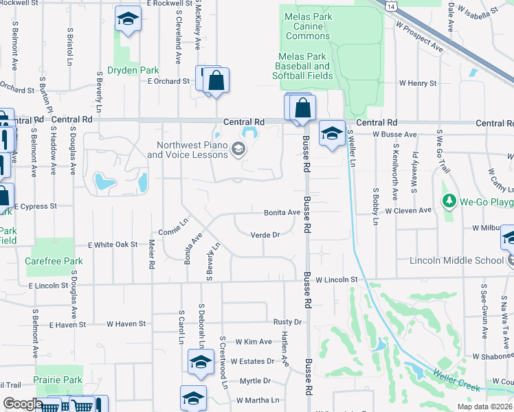 map of restaurants, bars, coffee shops, grocery stores, and more near 1605 East Central Road in Arlington Heights