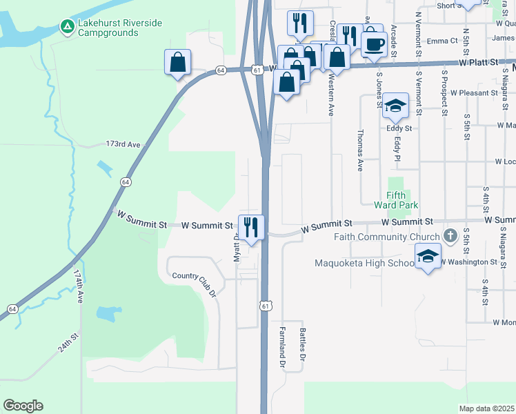 map of restaurants, bars, coffee shops, grocery stores, and more near 3379-3733 U.S. 61 in Maquoketa