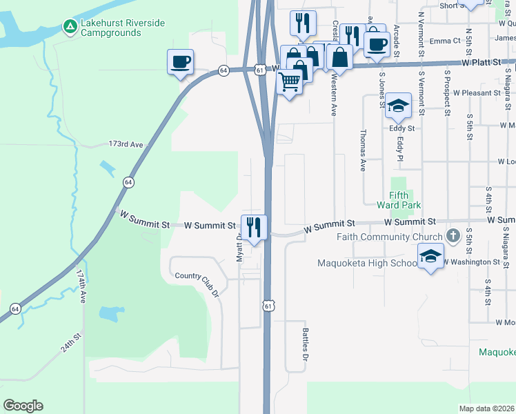 map of restaurants, bars, coffee shops, grocery stores, and more near 330-598 Rosemere Lane in Maquoketa