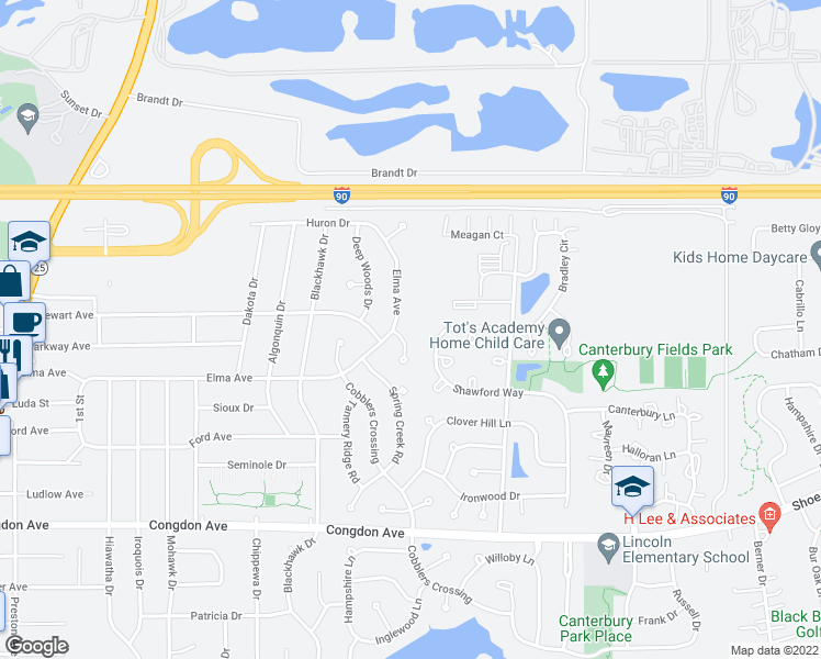 map of restaurants, bars, coffee shops, grocery stores, and more near 1064 Old Creek Court in Elgin