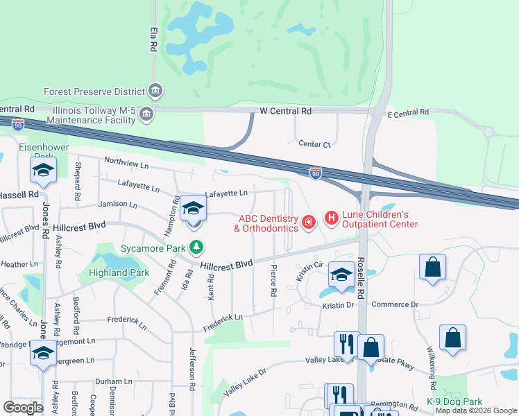 map of restaurants, bars, coffee shops, grocery stores, and more near 1965 Larchmont Road in Hoffman Estates