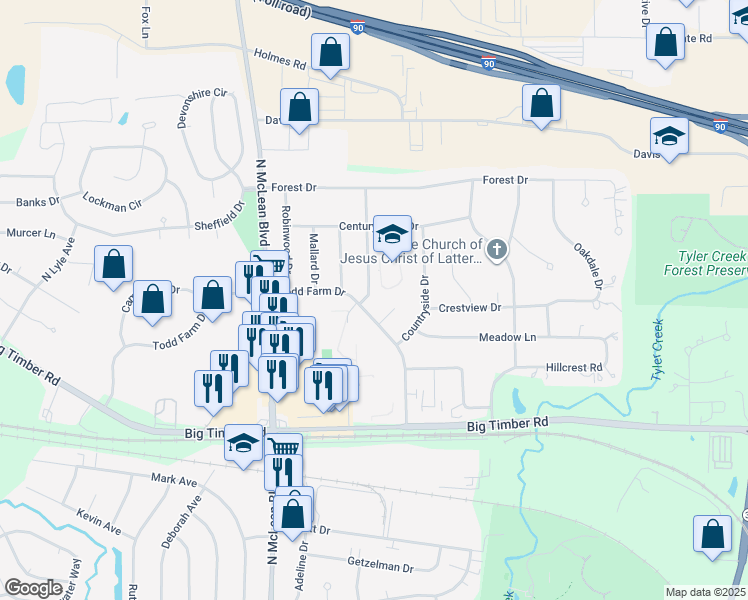 map of restaurants, bars, coffee shops, grocery stores, and more near 1181 Braeburn Drive in Elgin