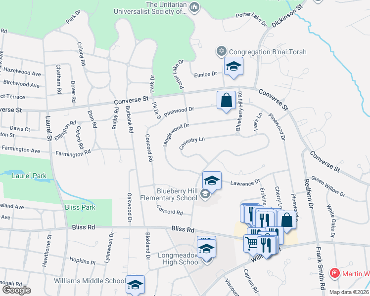 map of restaurants, bars, coffee shops, grocery stores, and more near 126 Coventry Lane in Longmeadow