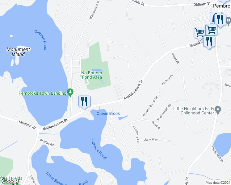map of restaurants, bars, coffee shops, grocery stores, and more near 193 Mattakeesett Street in Pembroke