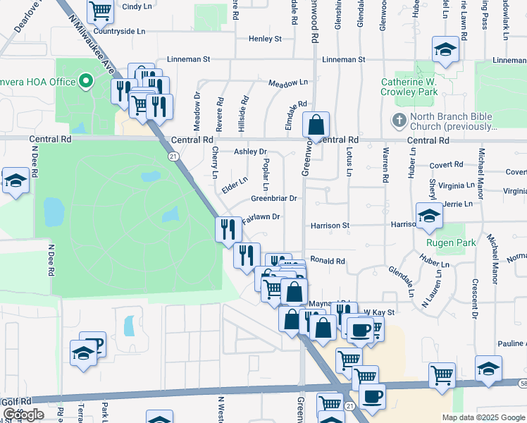 map of restaurants, bars, coffee shops, grocery stores, and more near 3402 Fairlawn Drive in Glenview