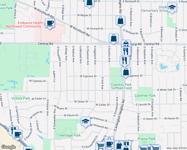map of restaurants, bars, coffee shops, grocery stores, and more near 1157 South Chestnut Avenue in Arlington Heights