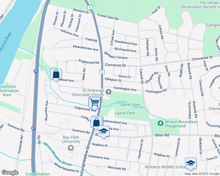 map of restaurants, bars, coffee shops, grocery stores, and more near 25 Farmington Avenue in Longmeadow