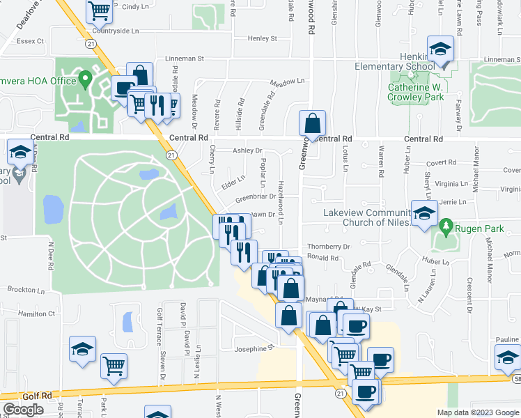 map of restaurants, bars, coffee shops, grocery stores, and more near 3402 Fairlawn Drive in Glenview