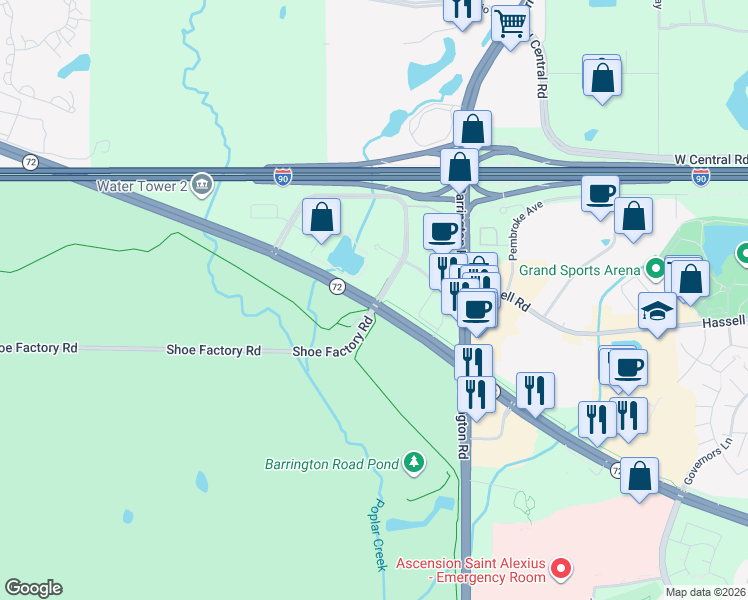 map of restaurants, bars, coffee shops, grocery stores, and more near 2800 West Higgins Road in Park Ridge