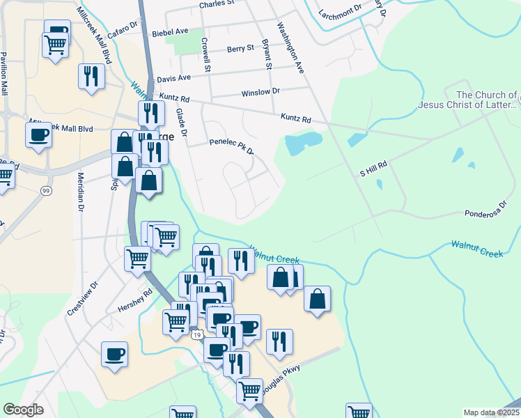 map of restaurants, bars, coffee shops, grocery stores, and more near 1809 Treetop Drive in Erie