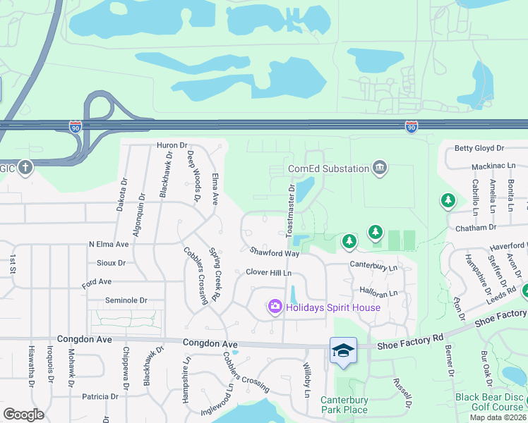 map of restaurants, bars, coffee shops, grocery stores, and more near 1408 Shawford Way in Elgin