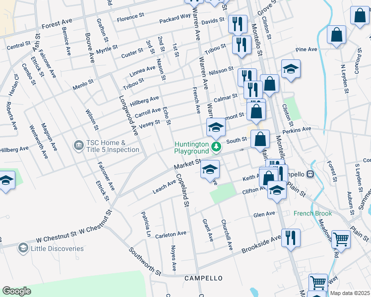 map of restaurants, bars, coffee shops, grocery stores, and more near 135 West Chestnut Street in Brockton