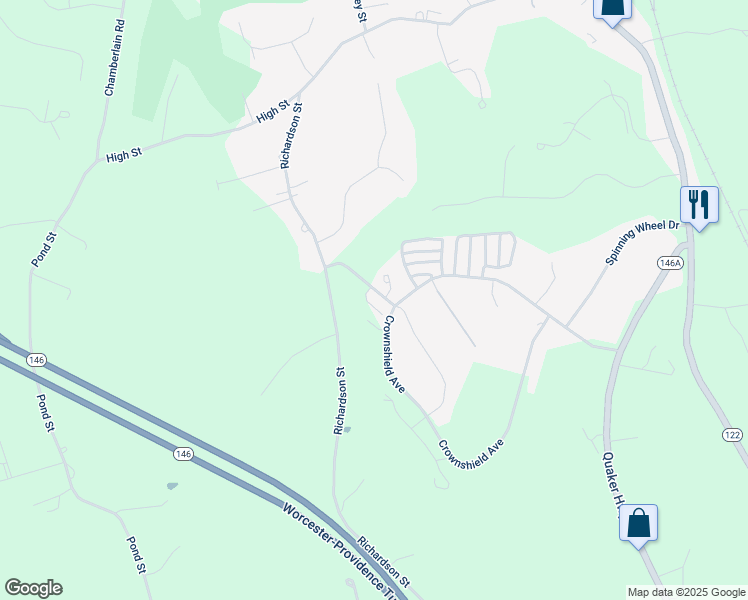 map of restaurants, bars, coffee shops, grocery stores, and more near 13 Williamsburg Drive in Uxbridge