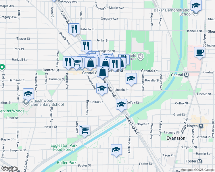 map of restaurants, bars, coffee shops, grocery stores, and more near 1826 Central Street in Evanston