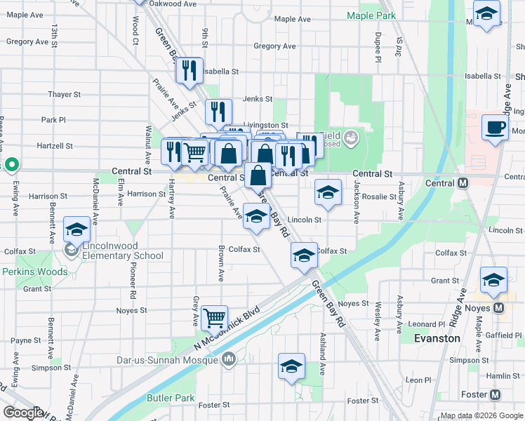 map of restaurants, bars, coffee shops, grocery stores, and more near 1826 Central Street in Evanston