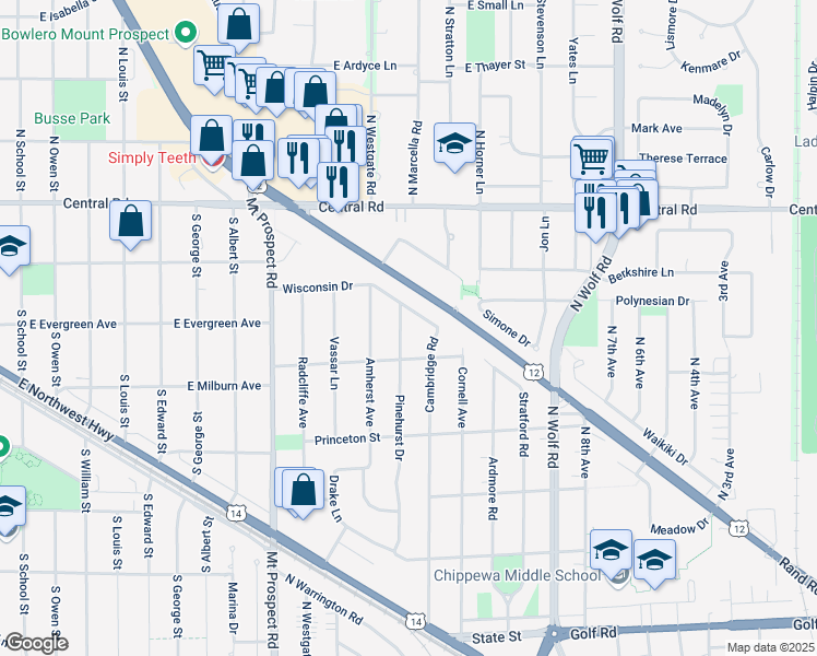 map of restaurants, bars, coffee shops, grocery stores, and more near 556 Pinehurst Drive in Des Plaines