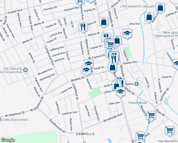 map of restaurants, bars, coffee shops, grocery stores, and more near 1121 Warren Avenue in Brockton