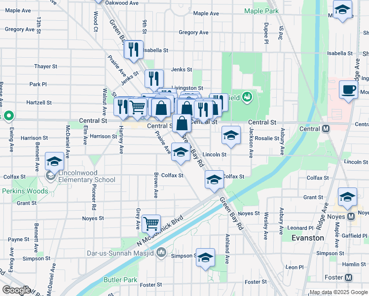 map of restaurants, bars, coffee shops, grocery stores, and more near 2500 Green Bay Road in Evanston
