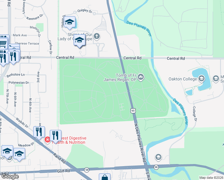 map of restaurants, bars, coffee shops, grocery stores, and more near 700 North River Road in Des Plaines