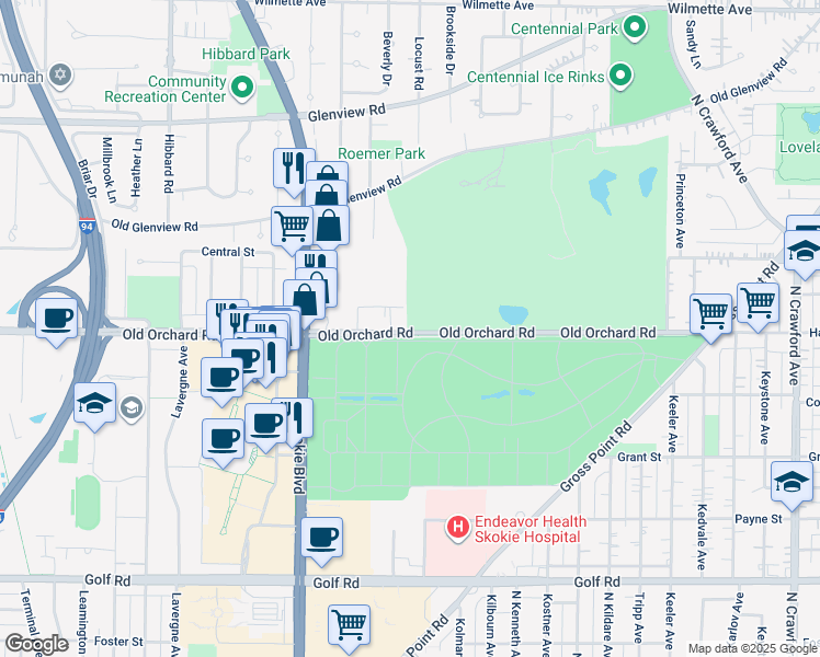 map of restaurants, bars, coffee shops, grocery stores, and more near 4300 Old Orchard Road in Skokie