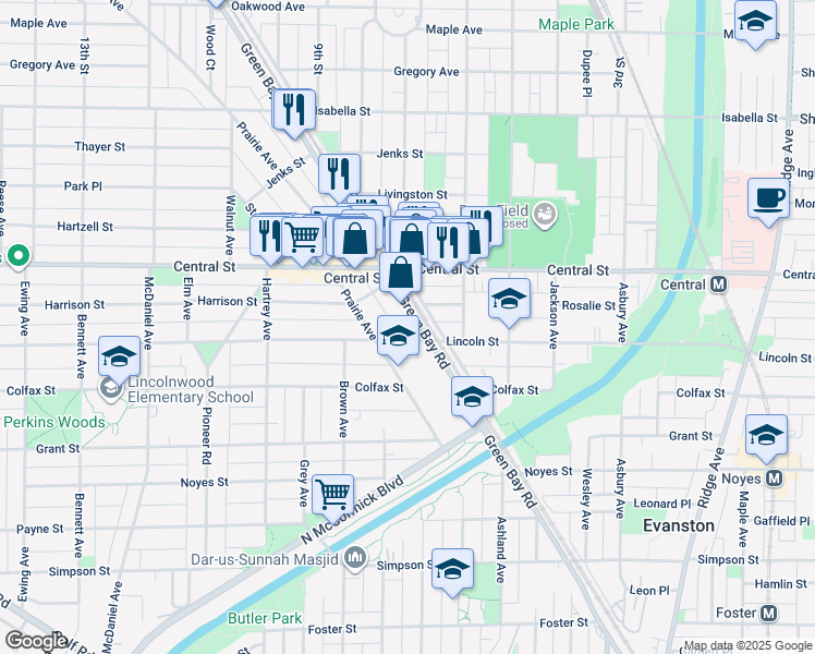 map of restaurants, bars, coffee shops, grocery stores, and more near 2500 Green Bay Road in Evanston