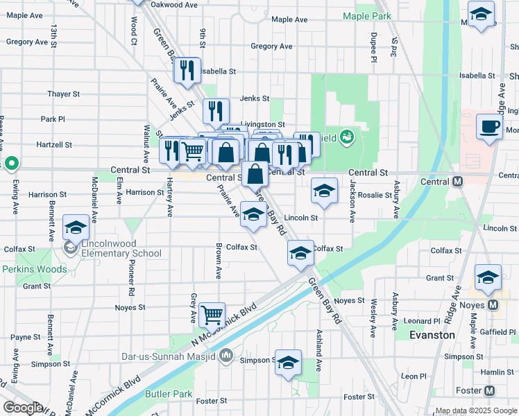 map of restaurants, bars, coffee shops, grocery stores, and more near 2500 Green Bay Road in Evanston