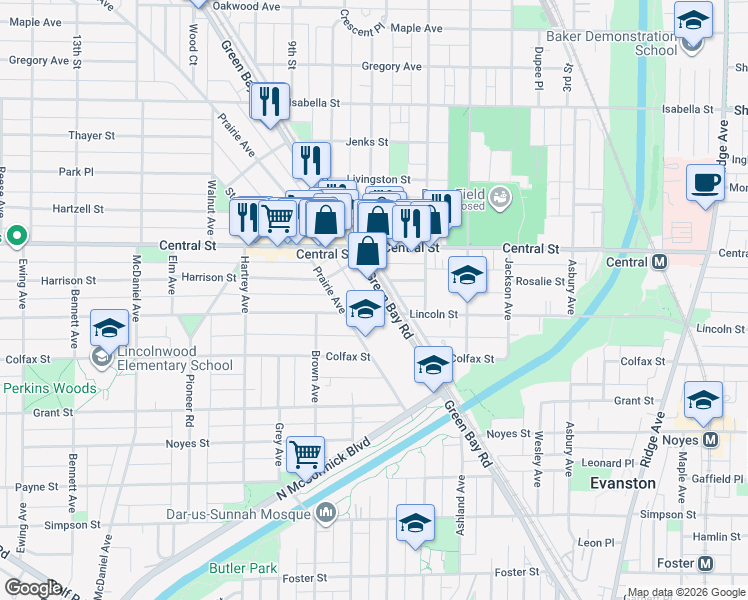 map of restaurants, bars, coffee shops, grocery stores, and more near 1826 Central Street in Evanston