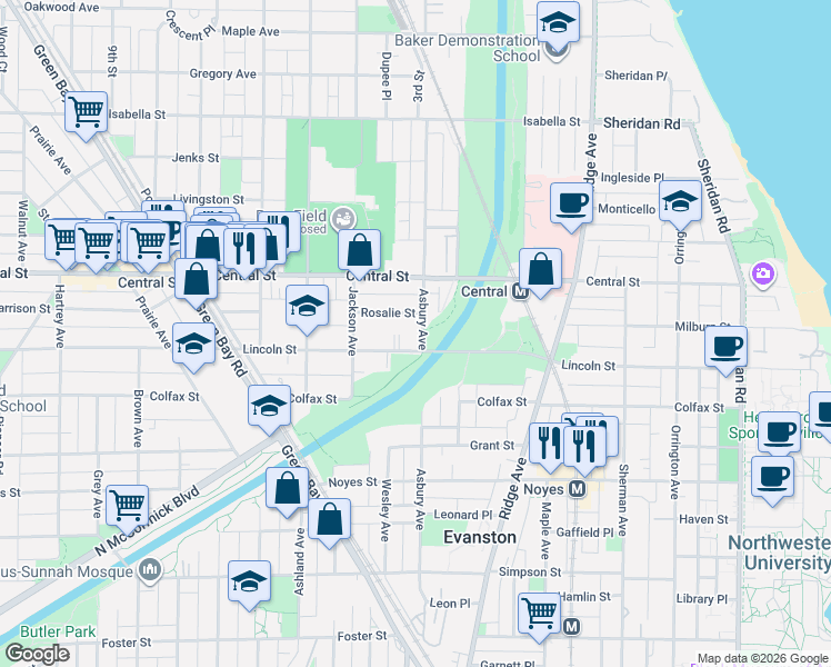 map of restaurants, bars, coffee shops, grocery stores, and more near 2440 Asbury Avenue in Evanston