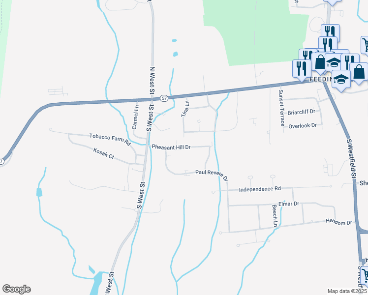 map of restaurants, bars, coffee shops, grocery stores, and more near Pheasant Hill Drive in Agawam