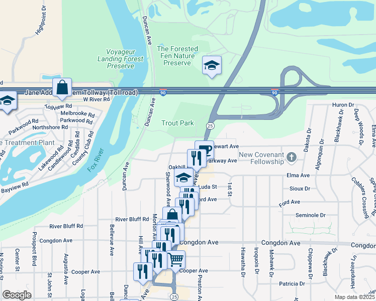 map of restaurants, bars, coffee shops, grocery stores, and more near 608 Glenwood Avenue in Elgin
