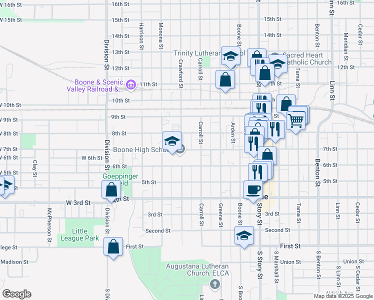 map of restaurants, bars, coffee shops, grocery stores, and more near 500 7th Street in Boone