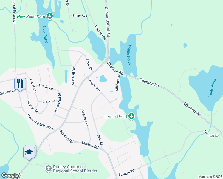 map of restaurants, bars, coffee shops, grocery stores, and more near 13 Wayne Avenue in Dudley
