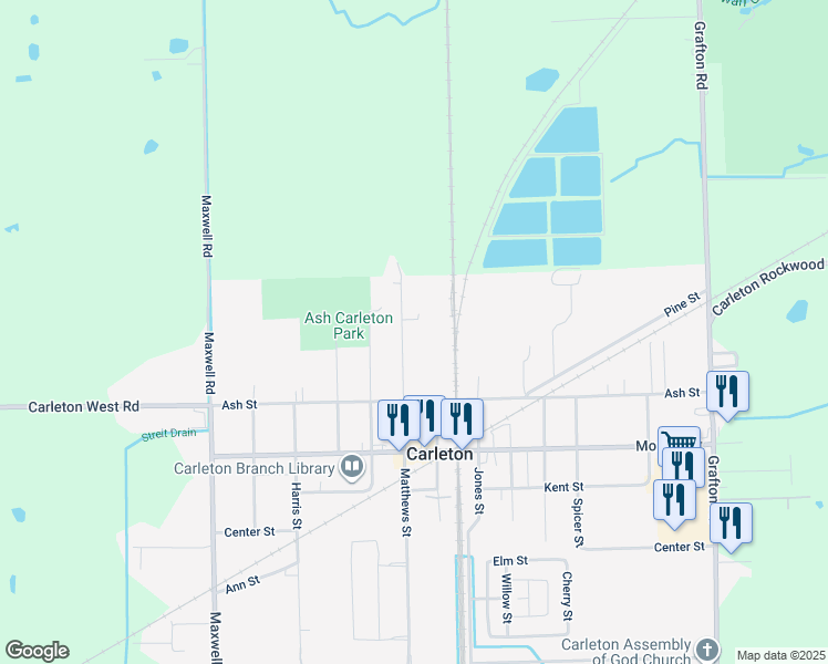 map of restaurants, bars, coffee shops, grocery stores, and more near 12932 Matthews Street in Carleton