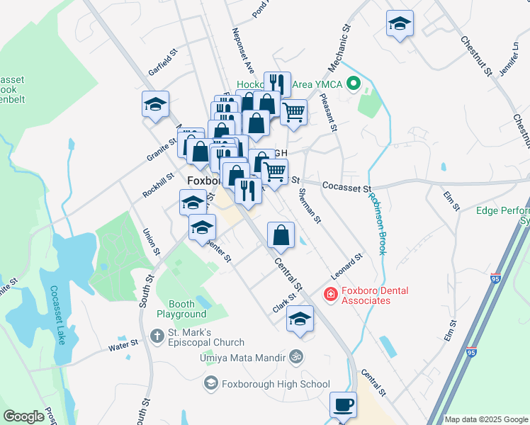 map of restaurants, bars, coffee shops, grocery stores, and more near 15 Wall Street in Foxborough
