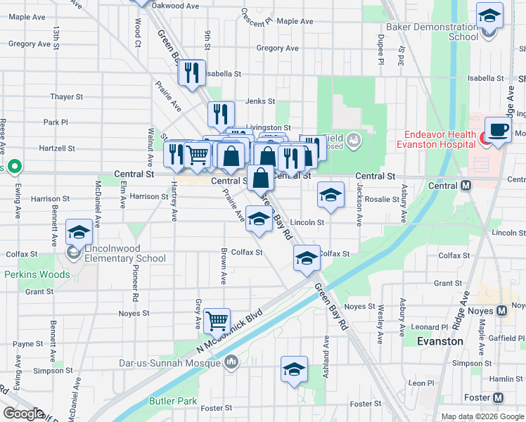 map of restaurants, bars, coffee shops, grocery stores, and more near 1826 Central Street in Evanston