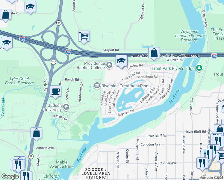 map of restaurants, bars, coffee shops, grocery stores, and more near 1153 Richard Road in Elgin