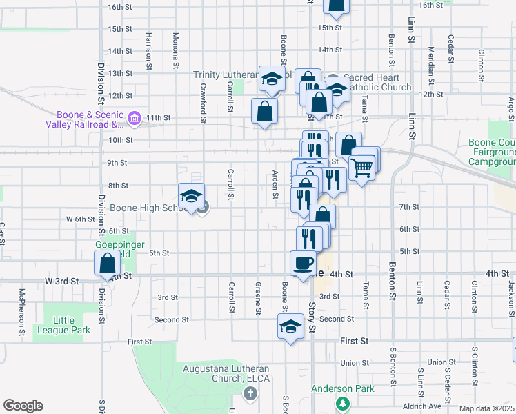 map of restaurants, bars, coffee shops, grocery stores, and more near 702 Greene Street in Boone