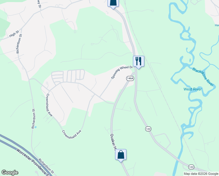 map of restaurants, bars, coffee shops, grocery stores, and more near 74 Spinning Wheel Drive in Uxbridge