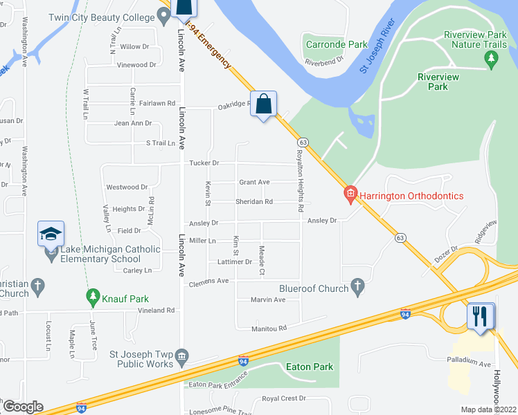 map of restaurants, bars, coffee shops, grocery stores, and more near 706 Sheridan Rd in St Joseph Charter Township