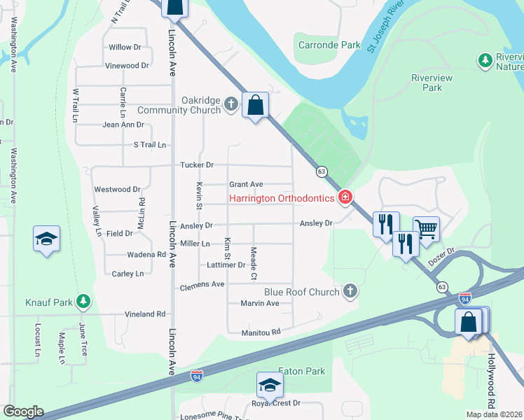 map of restaurants, bars, coffee shops, grocery stores, and more near 706 Sheridan Road in St. Joseph