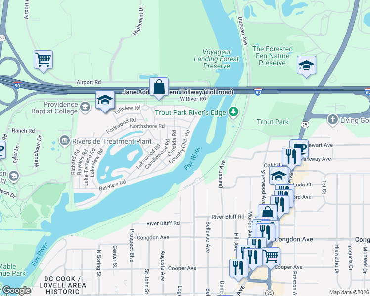 map of restaurants, bars, coffee shops, grocery stores, and more near 1165 Country Club Road in Elgin