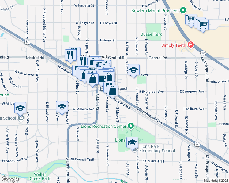 map of restaurants, bars, coffee shops, grocery stores, and more near 122 East Northwest Highway in Mount Prospect